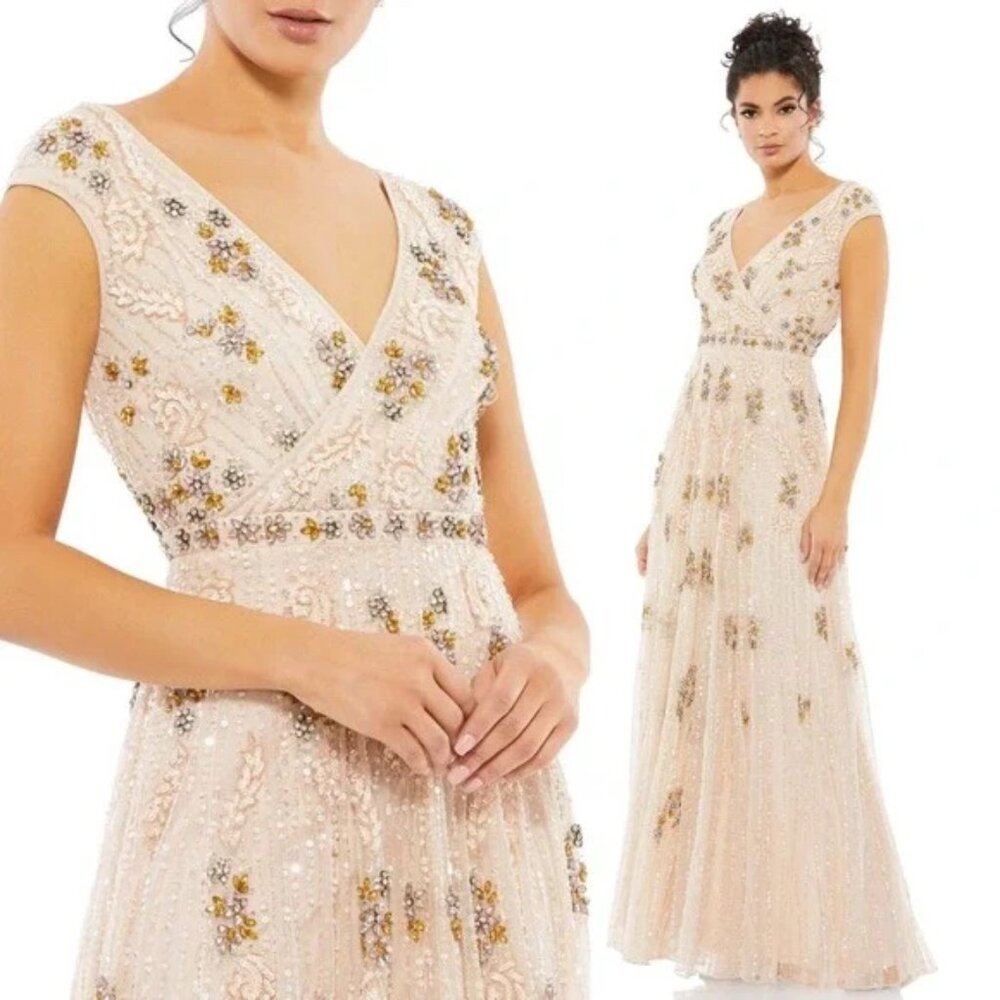 NEW Mac Duggal Blush Pink Embellished Wrap Over Cap Sleeve A-Line Gown Sz 14